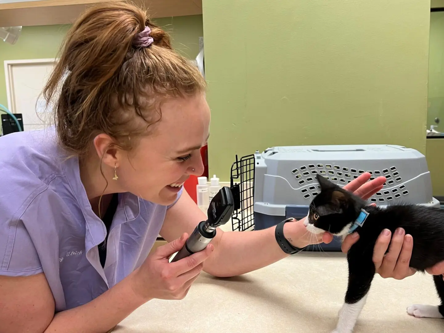 A woman holding a cat and looking at it's paw.